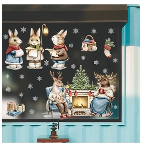 Detailed watercolor Christmas window stickers with festive rabbits, elk and snowflakes