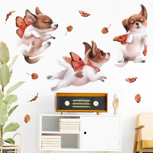 Autocollants Muraux Chiot Dessin Animé Avec Ailes de Papillon Feuilles d'Automne Décalcomanie Murale PVC pour Chambre d'Enfant