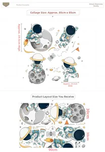 Detail showing cartoon astronaut wall stickers kit with layout dimensions and final sizing