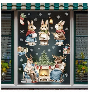 Christmas window decals with watercolor rabbits and reindeer for holiday decoration