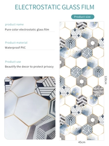 Macro detail of geometric PVC glass film showing hexagon patterns in blue and gold