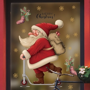 Skateboarding Santa glass window stickers with Christmas stockings and gold snowflakes