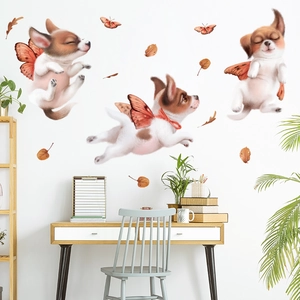 Stickers muraux chiots mignons avec ailes de papillon orange pour décoration chambre d'enfant