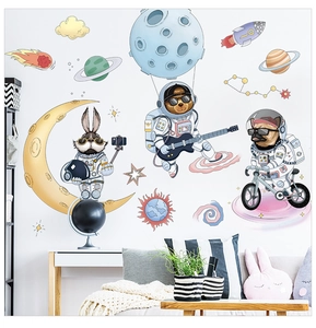 Close-up of cartoon astronaut wall decals featuring a bunny, bear, and dog in space
