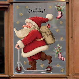 Christmas window decals with Santa on scooter and festive stockings for glass decoration