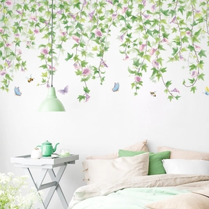 Self-adhesive morning glory vine wall decals with butterflies for bedroom wall decoration