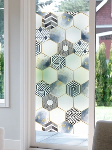 Frosted geometric hexagon window film with gold lines and navy blue watercolor patterns