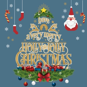 Golden Christmas tree wall decal with Merry Holly Jolly Christmas text and festive motifs