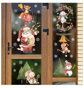 Detailed Christmas window stickers with Santa, foxes and rabbits on glass window decor