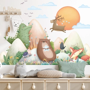 Cartoon forest animal wall stickers with elk and bear for kids nursery room decoration