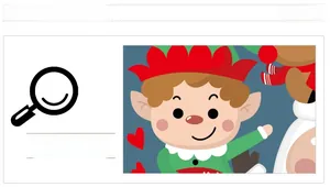 Detailed view of cartoon Christmas stickers featuring elves, reindeer and red hearts