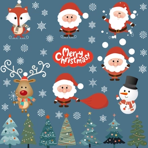 2025 Weihnachtsaufkleber mit Weihnachtsmann, Rentier und Schneemann auf blauem Grund