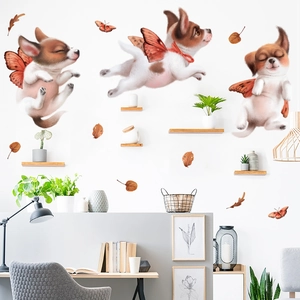 Stickers muraux chiots volants avec feuilles d'automne pour chambre d'enfant