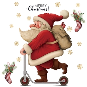 Self-adhesive Christmas window stickers with Santa on scooter and gold snowflakes