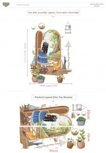 Detailed wall sticker layout with sizes 59x86cm showing girl, cat, and potted plant decals