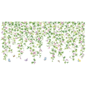 Watercolor morning glory wall decals with green vine leaves and flying butterflies