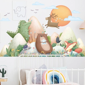 Cartoon mountain and forest animals wall decals for kids bedroom and nursery decoration