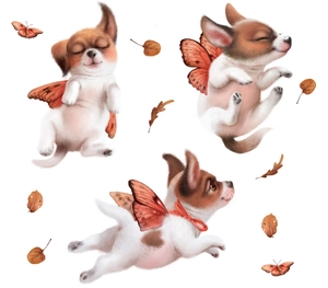Stickers muraux chiots de dessin animé avec ailes de papillon pour chambre d'enfant