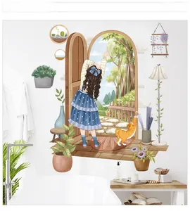 Pastoral wall decal showing an arched door view with a girl and cat in a bathroom setup