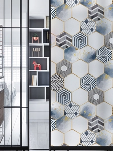 Geometric window film with blue watercolor hexagons and gold accents for glass privacy