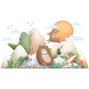 Cartoon mountain and forest animal wall stickers with moon and elk for kids room decor