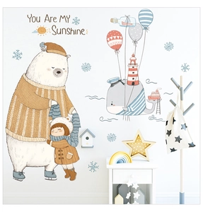 Detail of Nordic bear and whale wall decals with You Are My Sunshine quote for kids room