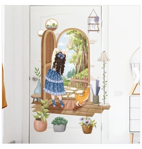Detailed view of pastoral girl wall stickers with potted plants on a white wooden door