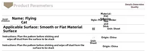 Detailed specification chart for PVC cat and flower wall decals with installation guide