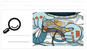Close-up of cartoon astronaut hand holding a game controller with vibrant buttons