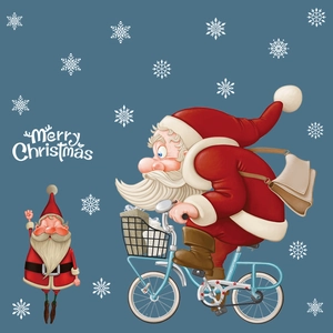 Cartoon Santa Claus riding a blue bicycle wall sticker with snowflakes and elf for Christmas