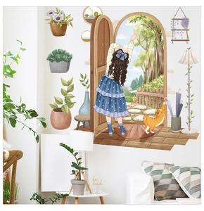 Detail of pastoral style wall stickers featuring a girl, cat, and potted plants for home decor