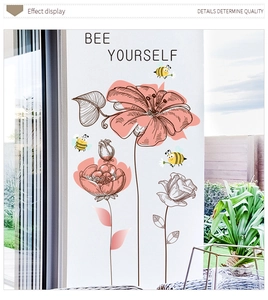 Detailed wall sticker view featuring Bee Yourself text with pink floral decals on a window