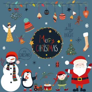 Flat vector Christmas window stickers set featuring Santa Claus, snowman and festive elements