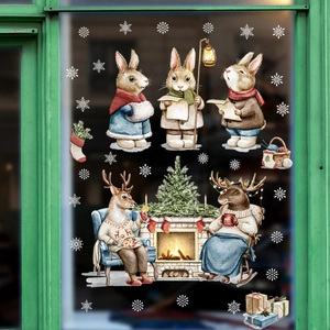 Christmas glass window stickers with watercolor rabbits, reindeer and festive trees