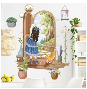 Detail of pastoral wall stickers featuring a girl, cat, and potted plants for home decor