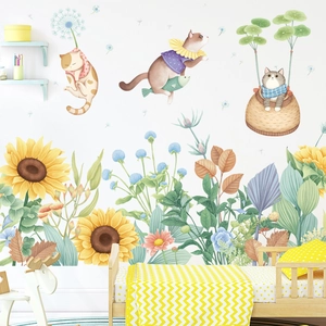 Sunflower Cartoon Cat PVC Wall Sticker Waterproof Watercolor Hand-painted Floral Dandelion Decal For Kids Room Kindergarten
