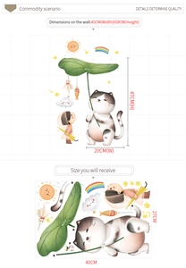 Detailed dimensions of cartoon wall stickers with cat, rainbow, and girl holding a lotus leaf