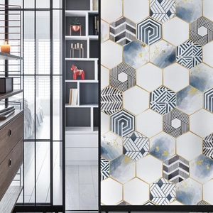Nordic Geometric Hexagon Window Privacy Film Gilded Blue Watercolor Pattern Static Cling Frosted PVC Glass Decorative Film For Home Office