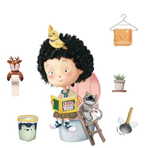 Funny cartoon bathroom stickers set with boy reading book and cute cat for toilet decor