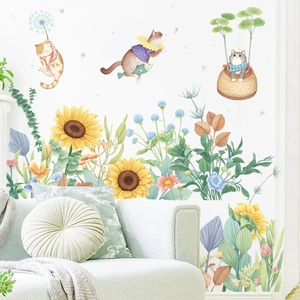 Cartoon cats and sunflowers wall decals for nursery background with a cozy home setting