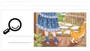 Detail of wall decal showing a girl in blue dress with cat pattern and home scenery