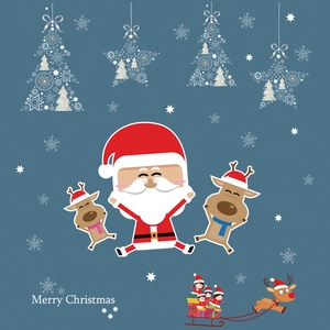 Flat vector Christmas window stickers featuring Santa Claus and reindeer on blue background