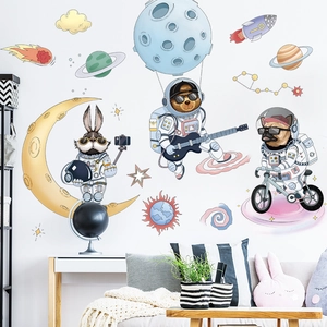 Space-themed wall stickers featuring cartoon astronaut animals for kids room decoration