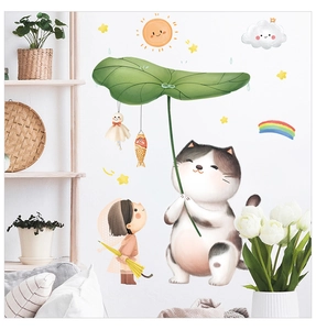 Detail of cartoon wall stickers showing a cat with lotus leaf and girl under a rainbow