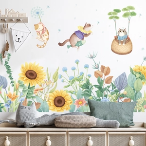 Sunflower and cartoon cat wall stickers for children's room background decoration