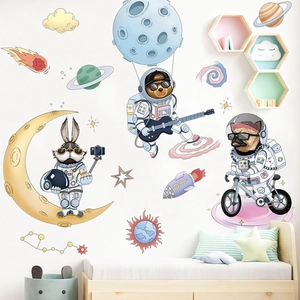 Cartoon astronaut animal wall stickers with bear, dog, and rabbit in space for nursery