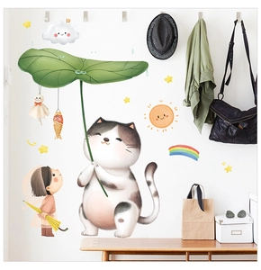 Detailed wall sticker layout featuring a cartoon cat, rainbow and girl in a child's bedroom