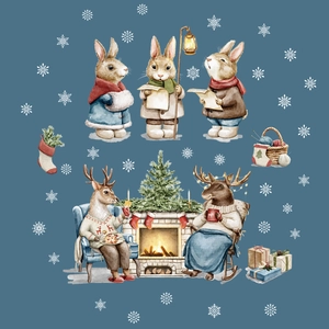 Christmas glass window stickers with watercolor rabbits, elk, and trees for festive wall decor