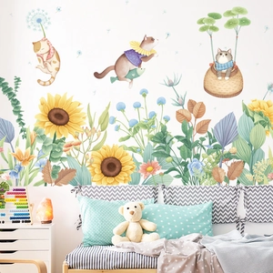 Cartoon cats with sunflowers and dandelion wall stickers for nursery and playroom