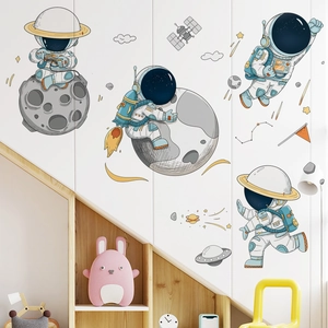 Cute astronaut space wall stickers with planets and stars for kids room decoration